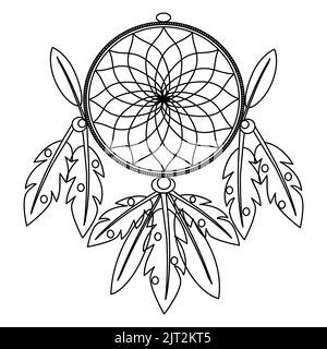 Symbole des Indiens d'Amérique. Attrape-rêves avec plumes d'oiseau ornementées, illustration vectorielle noire isolée sur fond blanc. Élément de mode vintage ethnique dreamcatcher boho. Illustration de Vecteur