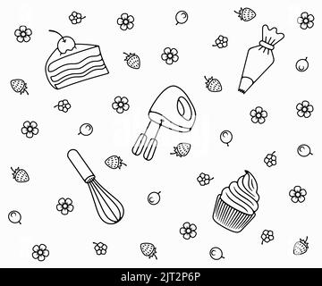 Nourriture, confiserie, ustensiles de confiserie, fond vectoriel sans couture, motif avec icônes de contour. Morceau de gâteau, cupcake, batteur électrique, fouet Illustration de Vecteur