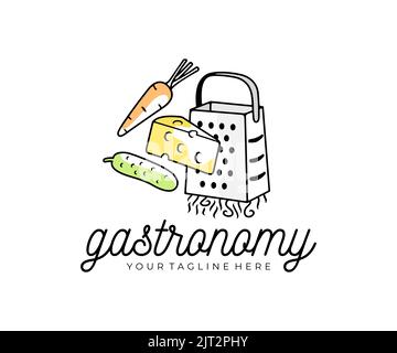 Râpe, légumes et fromage, concombre et carottes, logo. Restauration, repas, gastronomie, restaurant, restauration et cantine, conception vectorielle Illustration de Vecteur