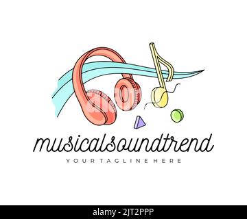 Casque, note musicale, musique et musique, logo. Écouteurs, son, chansons, onde sonore, appareil, acoustique et stéréo, design vectoriel et illustrateur Illustration de Vecteur