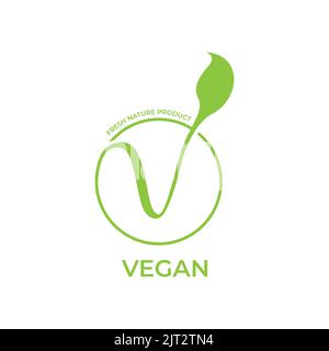 Logo de calligraphie vegan avec feuilles vertes pour aliments biologiques. Symbole végétarien vegan logo typographique Illustration de Vecteur