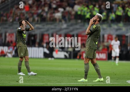 Olivier Giroud de l'AC Milan réagit pendant la série Un match de football 2022/23 entre l'AC Milan et Udinese Calcio au stade Giuseppe Meazza, Milan, Italie sur 27 août 2022 Banque D'Images