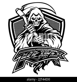 Angry Grim Reaper Shield illustrations vectorielles pour votre travail logo, t-shirt de marchandise de mascotte, autocollants et étiquettes, affiche, message d'accueil Banque D'Images