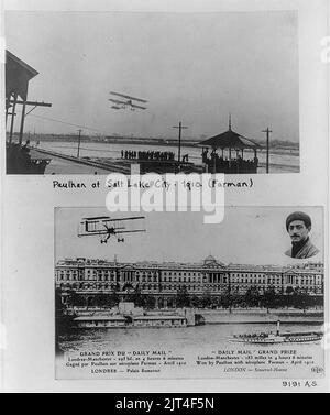 Deux scènes de Louis Paulhan volant Farman biplan - au-dessus du parc d'expositions de Salt Lake City, 1910 ; au-dessus de Somerset House et de la Tamise River, Londres, 1910 (dans le concours Daily Mail pour voler entre Londres et Banque D'Images