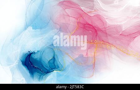 Alcool encre abstrait texture design fond bleu et rose avec texture dorée effet marbre Banque D'Images