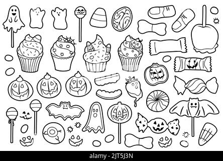 Bonbons, desserts et bonbons liés à la fête d'Halloween. Collection d'illustrations dessinées à la main et de dessins animés vectoriels. Illustration de Vecteur