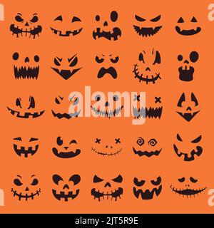 Divers Jack o lanterne, expressions et émotions sculptées du visage de citrouille, couleur unie sur fond orange. Illustration de Vecteur