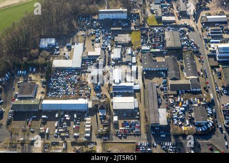 Vue aérienne, recyclage de voitures dans la zone industrielle de la rue de la rue de la rue de la rue de la rue de la rue, dans le district de Gerthe à Bochum, dans la région de la Ruhr, en Rhénanie-du-Nord-Westphalie, Banque D'Images