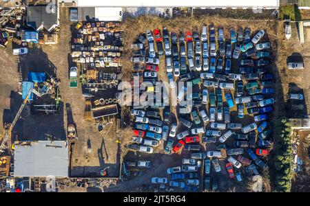 Vue aérienne, recyclage de voitures dans la zone industrielle de la rue de la rue de la rue de la rue de la rue de la rue, dans le district de Gerthe à Bochum, dans la région de la Ruhr, en Rhénanie-du-Nord-Westphalie, Banque D'Images