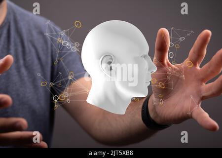 Un modèle anatomique du cerveau humain rendu en 3D planait dans la main des hommes Banque D'Images