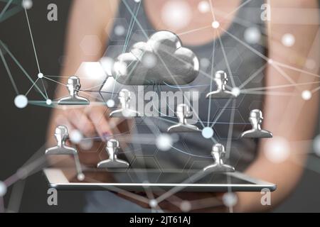 Un 3D a rendu le réseau mondial en vol stationnaire dans la main de l'homme Banque D'Images