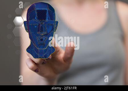 Un modèle anatomique du cerveau humain rendu en 3D planait dans la main des hommes Banque D'Images