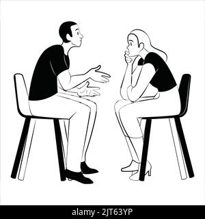 Un jeune garçon et une jeune fille qui parle - un couple assis sur des chaises - Un jeune couple qui parle dans un café assis - une clipart vectorielle Illustration de Vecteur