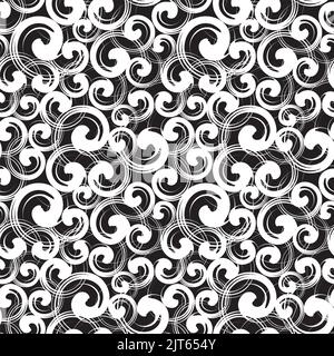 Symboles en spirale motif sans couture. Différentes tailles de tourbillons blancs placés de façon aléatoire sur le noir. Texture enveloppée avec boucles abstraites. Vecteur eps8 Illustration de Vecteur