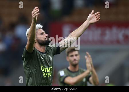 Foto Spada/Lapresse 27 Agosto 2022 - Milano , Italia - sport, calcio - AC Milan vs Bologne - Campionato italiano di calcio série A TIM 2022/2023 - Stadio San Siro. Nella foto: Olivier Giroud (A.C. Milan); 27 août 2022 Milan , Italie - sport, calcio - AC Milan vs Bologne - Championnat italien de football série A 2022/2023 - Stade San Siro . Dans la photo: Olivier Giroud (A.C. Milan); Banque D'Images