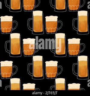 Motif sans couture illustration stylisée mugs de bière sur fond noir Illustration de Vecteur