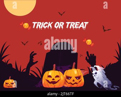 Arrière-plan Halloween avec citrouilles, chauves-souris, citrouille, chauve-souris, fantôme, sorcière, chapeau, crâne, vecteur Illustration de Vecteur