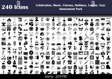 240 icônes de la fête, de la musique, du cinéma, des vacances, du casino, Taxi, parc d'attractions. Illustration vectorielle entièrement modifiable. Texte développé. Illustration de Vecteur