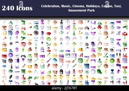 240 icônes de la fête, de la musique, du cinéma, des vacances, du casino, Taxi, parc d'attractions. Contour gras modifiable avec Color Fill Design. Illustration vectorielle. Illustration de Vecteur