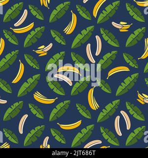 Motif sans couture avec palmiers et bananes. Arrière-plan vectoriel tropical avec objets isolés en bleu. Illustration de Vecteur