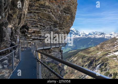 Passerelle en métal sur le côté d'une falaise dans les Alpes suisses, la région est connue comme première montagne. En arrière-plan, la neige a couvert les montagnes Banque D'Images