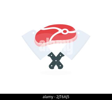 Croisé Cleaaver, coupe de viande de bœuf cru steak logo. Motif et illustration de l'étiquette de l'atelier de boucher. Illustration de Vecteur