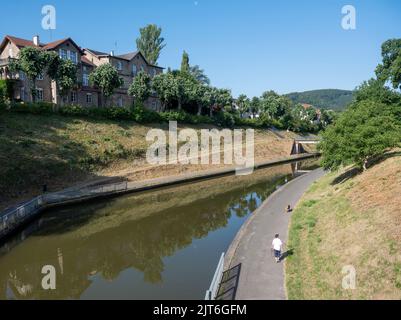 l'homme marche le chien sur le remblai du canal dans la ville française de saverne dans les vosges françaises Banque D'Images