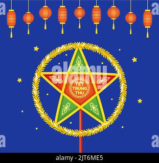 Lanterne traditionnelle vietnamienne (Đèn Ông Sao). Tết Trung Thu signifie Festival de la mi-automne au Vietnam. Lanternes en papier sur la bannière de nuit. Clip art vectoriel Illustration de Vecteur