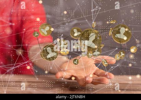 Une illustration de 3D figures humaines flottant au-dessus d'une main reliée à des lignes blanches Banque D'Images