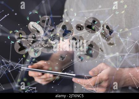 Une illustration de 3D figures humaines flottant au-dessus d'une main reliée à des lignes blanches Banque D'Images