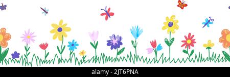 Les enfants peignent des fleurs. Enfant main dessiner fleur prairie avec herbe verte. Les crayons dessinent une bordure sans couture. Couleur pastel pour la pelouse, vecteur néoclassique Illustration de Vecteur