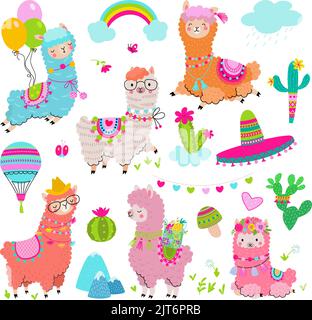 Adorable alpaca avec cactus. Llama star, pérou chili animaux et montagne, arc-en-ciel, cactus. Mexicain isolé éléments drôles, bébé nowaday vecteur ensemble Illustration de Vecteur