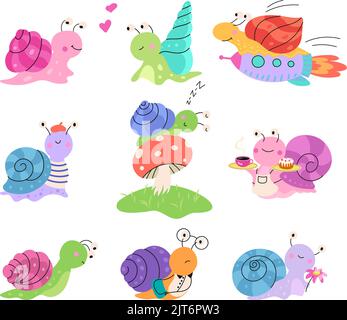 Adorable escargot de dessin animé. Coquille de gastropodes, escargots de jardin Happy Set. Petit taug sauvage, drôle d'insectes dormir, en vol sur la navette, manger le vecteur de nowaday Illustration de Vecteur