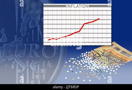 Table, avec une inflation en hausse et un billet de 50 euros qui se dissout en confetti.(aucun nombre réel, juste illustration). Banque D'Images