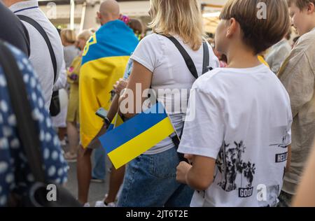 LJUBLJANA, SLOVÉNIE - 24 août 2022: Réunion du jour de l'indépendance de l'Ukraine. Personnes avec drapeaux et symboles nationaux Banque D'Images