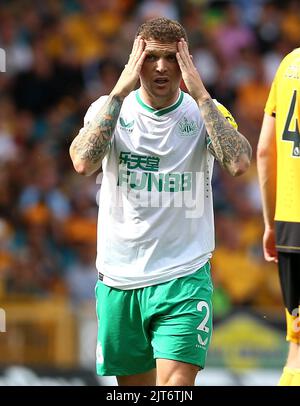 Le Kieran Trippier de Newcastle United réagit lors du match de la Premier League au Molineux Stadium, Wolverhampton. Date de la photo: Dimanche 28 août 2022. Banque D'Images