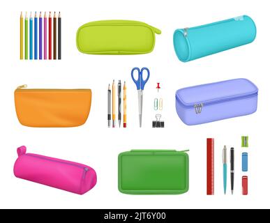 Mallettes pour articles de papeterie. École stylos pinceaux dans des étuis de crayons de couleur pour l'éducation vecteur décent réaliste images ensemble Illustration de Vecteur