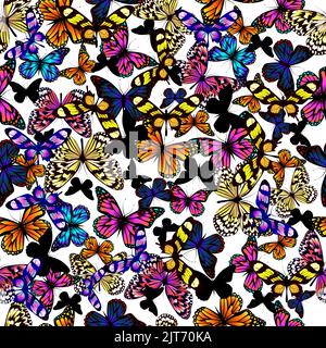 Motif coloré sans coutures papillons sur fond jaune. Imprimé papillons dessinés à la main pour le papier peint, le tissu, la décoration intérieure Illustration de Vecteur