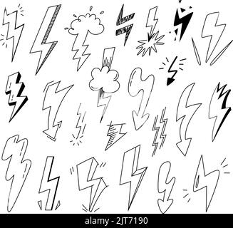 Collection d'éclairs de croquis noirs. Doodle Flash thunder, griffonnage griffonné avec effet grunge. Divers vecteur de classe de batterie électrique d'énergie Illustration de Vecteur