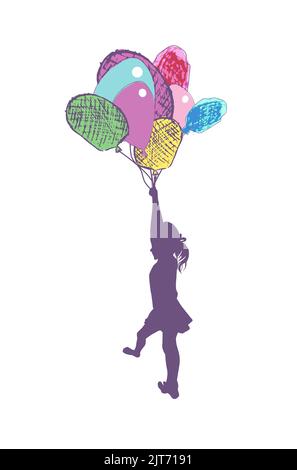 Silhouette d'une fille volant dans des ballons. Illustration vectorielle. Joyeux anniversaire. Illustration de Vecteur