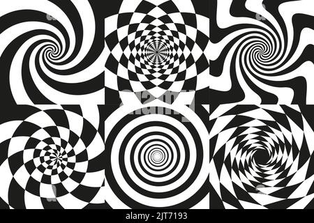 Arrière-plan des spirales optiques hypnotiques. Images en spirale psychédélique, motifs de tourbillon d'art noir. 3d ensemble de vecteurs effet torsadé, illusion surréaliste Illustration de Vecteur