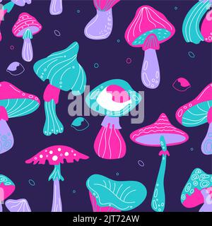 Acid mushrooms seamless pattern. Funny psychedelic objects, colorful distorted forms, trippy 60s retro printing, swanky background. Decor textile Illustration de Vecteur