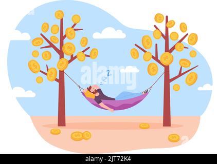 Détente sur Money Tree. Indépendant employé ou homme d'affaires se détendre dans hamac, indépendant repos et gagner dollar investissement en espèces Internet, illustration de vecteur de liberté financière de détendre l'argent Illustration de Vecteur