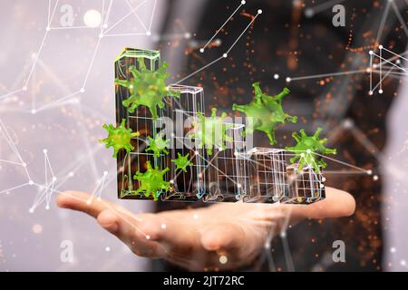 Un homme d'affaires présentant les 3D a rendu des graphiques hologramme d'un virus dans un réseau de cyberespace Banque D'Images
