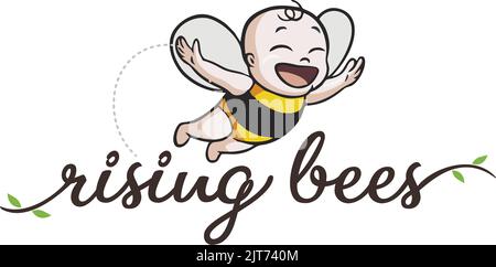 Un logo d'une abeille mignonne avec le visage d'un bébé et un texte modifiable isolé sur un fond blanc Illustration de Vecteur