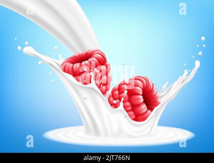 Framboise fraîche dans un peu de lait ou de yaourt. Les baies fraîches tombent dans le lait. 3d illustration vectorielle réaliste, isolée sur fond bleu. Doux f Illustration de Vecteur