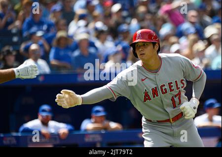 Shohei Ohtani (C) celebrates his third-inning home run with Los Angeles  Angels teammate Brett Phillips (L), holding a samurai warrior helmet,  during a baseball game against the Toronto Blue Jays at Angel