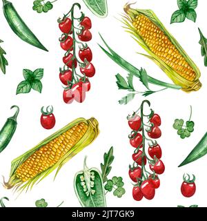 Motif sans couture avec légumes d'automne peints à la main dans l'aquarelle sur un fond blanc. Tomates cerises, maïs, piment. Parfait pour les textiles Banque D'Images