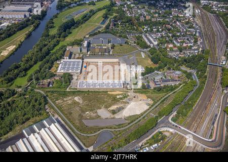 Vue aérienne, siège d'Aldi Süd, toit solaire, Styrum - Süd, Mülheim an der Ruhr, région de la Ruhr, Rhénanie-du-Nord-Westphalie, Allemagne, DE, Europe, commercial Banque D'Images