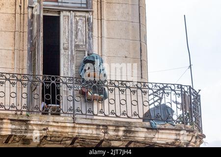 Deux cages à oiseaux dans un balcon d'appartement avec une porte à tomber et un mur extérieur abîmé. Banque D'Images